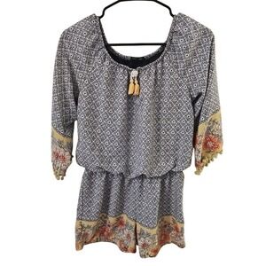 Takara Girls Blue Floral Geometric Pom Pom Tassel Romper XL Kids Boho 3/4 Sleeve
